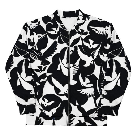 Pigeons in White and Black Pattern Unisex Bomber Jackets. - Picture 5 of 12